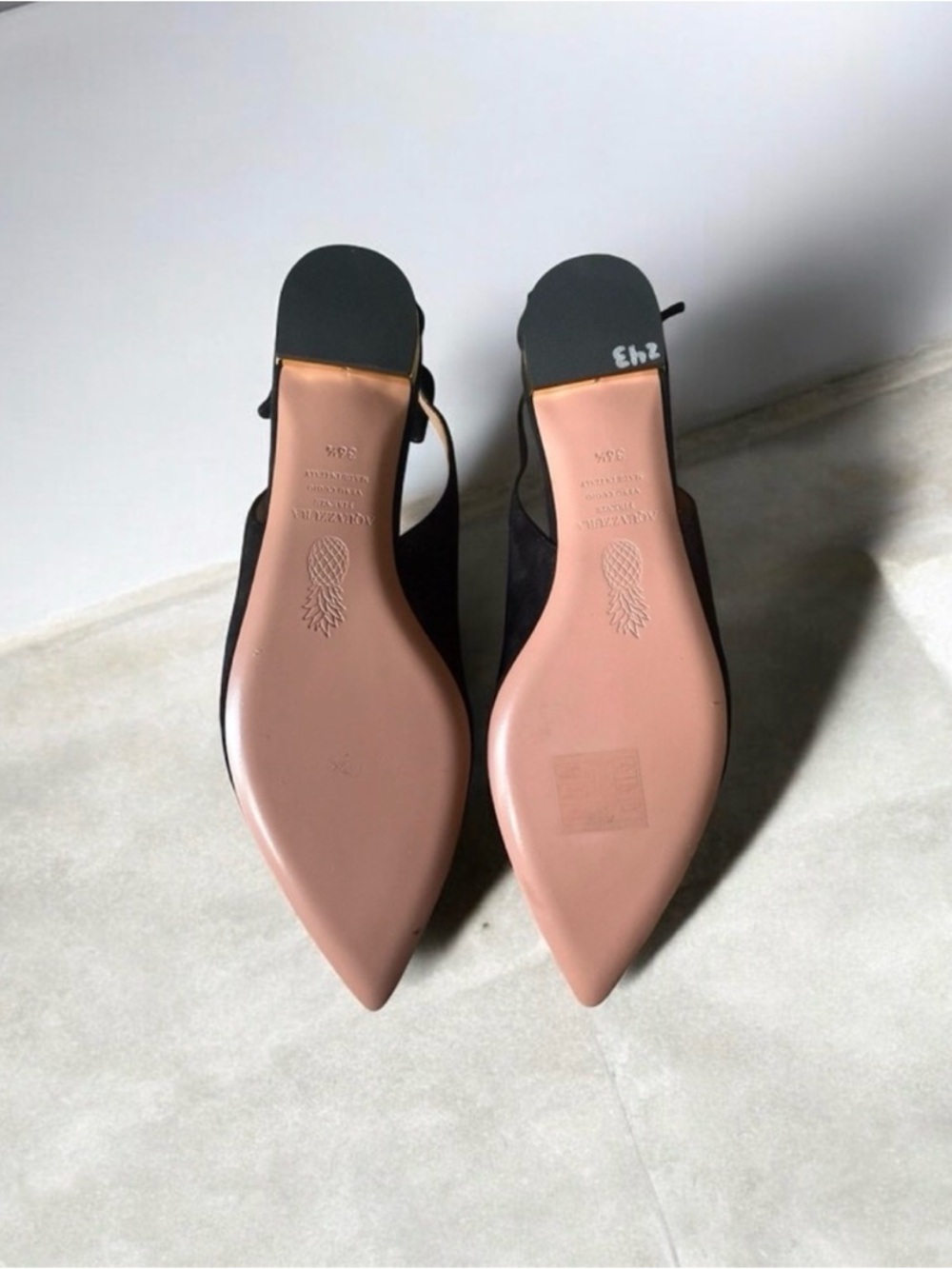 Aquazzura Black Suede Pointed Slingback Flats with Bow Accent - Picture 2 of 2